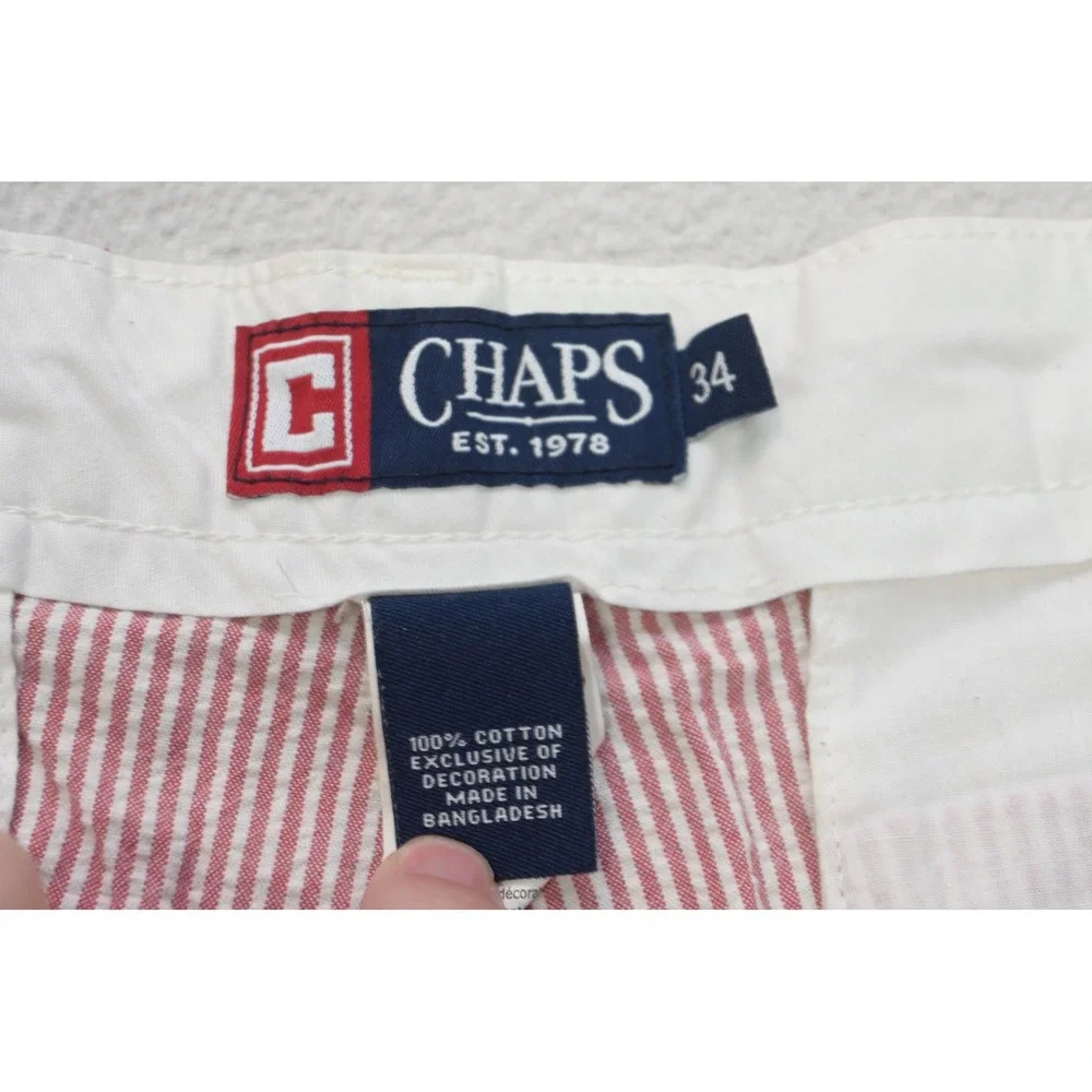 Chaps Shorts Mens 34 Red White Striped Seersucker Cotton Casual Excellent